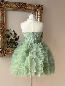 Lovelzi Elegant & Luxurious Wine Red Sequin Embroidery Mesh Puff A-Line Ballgown - Green - View 2