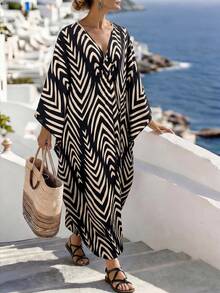 SHEIN Holidaya 复古沙滩度假宽松深V领女士长裙 - 彩色 - 查看 7