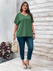 EMERY ROSE Plus Size Women's Orange Button Embellished Short Sleeve Shirt For Spring Plus Size Button Down Shirt Plus Size Summer Shirt Plus Size Casual Tops - Green - View 4