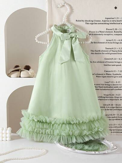 Young Girl Elegant & Cute Green Mesh Bow Sleeveless Dress