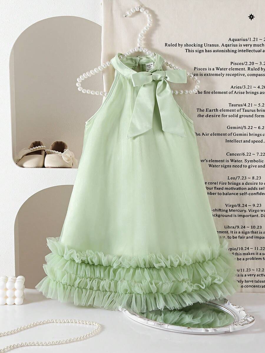 Young Girl Elegant & Cute Green Mesh Bow Sleeveless Dress - Green - View 1