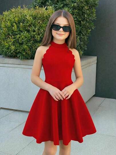 SHEIN Tween Girl Casual Elegant Fashion Solid Red Mandarin Collar Sleeveless Waist A-Line Dress, Elegant Petal Hem Arc Hem Sleeveless Dress, Valentine's Day Dress