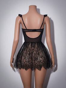 Elegant Lace Trim Slip Dress With Leather Panels, Mesh Cups, Ruffle Straps And Scalloped Lace Waist Design, Seductive Nightgown - Black - View 7