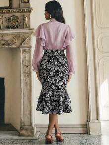 Anewsta New Elegant Cashew Floral Print Bodycon Mermaid Skirt French Style Clothes Floral Skirts For Women Ruffle Skirt Elegant Skirt - Black and White - View 3
