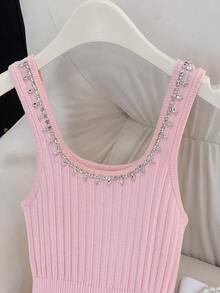 GlowEve 法式浪漫方领钻石装饰收腰A字粉色针织连衣裙，女士春夏款 - 粉色 - 查看 5