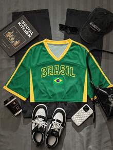 SHEIN EZwear Women's Casual V-Neck Loose Cropped 5/8 Sleeve Mesh T-Shirt, Suitable For Summer, Suitable For Ball Games, Women's Raglan Sleeve Knit T-Shirt, Fan Merchandise, Sports Team Culture, Game Viewing, Yellow And Green Striped Casual Jersey, Sports Casual Mixed T-Shirt For Women - Multicolor - View 1