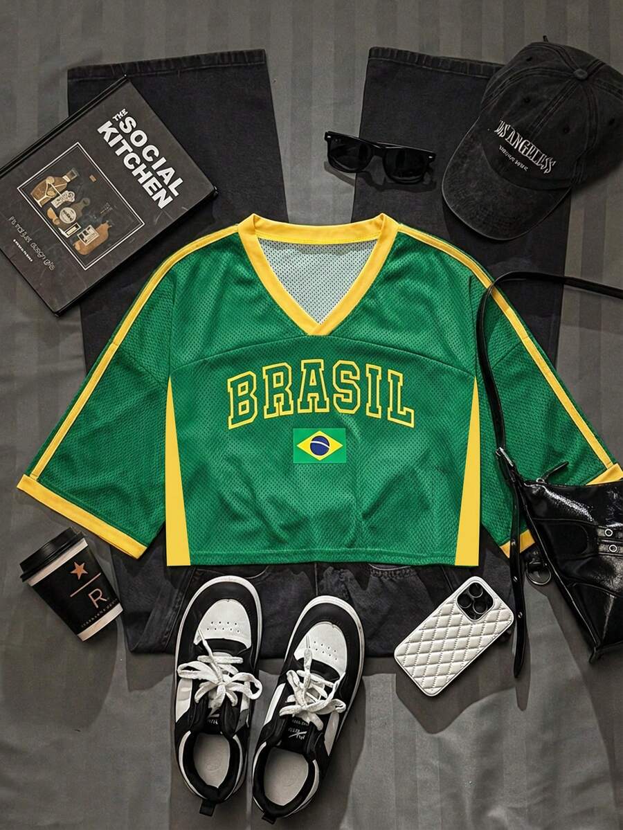 SHEIN EZwear Women's Casual V-Neck Loose Cropped 5/8 Sleeve Mesh T-Shirt, Suitable For Summer, Suitable For Ball Games, Women's Raglan Sleeve Knit T-Shirt, Fan Merchandise, Sports Team Culture, Game Viewing, Yellow And Green Striped Casual Jersey, Sports Casual Mixed T-Shirt For Women - Multicolor - View 1