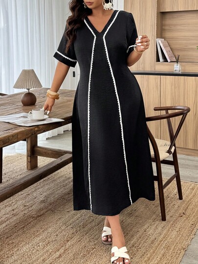 Weeklong Black & White Contrast Plus-Size Maxi Dress - V-Neck With White Trim, A-Line, Suitable For Vacation, Daily Wear & Office Commute, Spring & Summer Dress