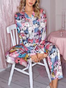 情人节可爱卡通猫图案翻领开衫女士睡衣套装 - 彩色 - 查看 1