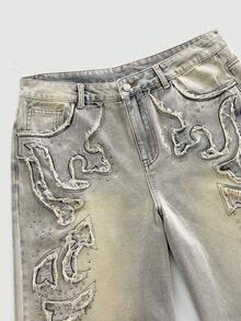 ROMWE MEN Men's Distressed Rhinestone Washed Frayed Hem Denim Shorts - Yellow - View 4