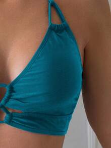 Swim Basics Áo bikini hai dây buộc cổ màu trơn đơn giản dành cho nữ, thích hợp cho mùa hè. - Màu xanh ngọc - Xem 4