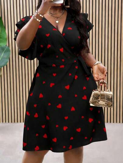 Veslaya 2026 New/Easter/Western/Holiday New Year Valentine's Day Sexy/Streetwear For Women/Gyaru/Plus Size Heart Print Red Double Ruffle Wrap Tie Waist A-Line Spring Summer Vacation Dress