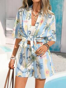 Vivid Eden Women's Vacation Summer Blue Leaf Print Kimono Shirt & Shorts 2 Pieces Beach Set - Multicolor - View 3