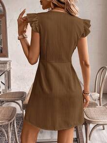 SHEIN Frenchy Đầm nữ màu trơn cổ chữ V cài một hàng khuy, tay bồng, kiểu dáng thường ngày. - màu nâu - Xem 2