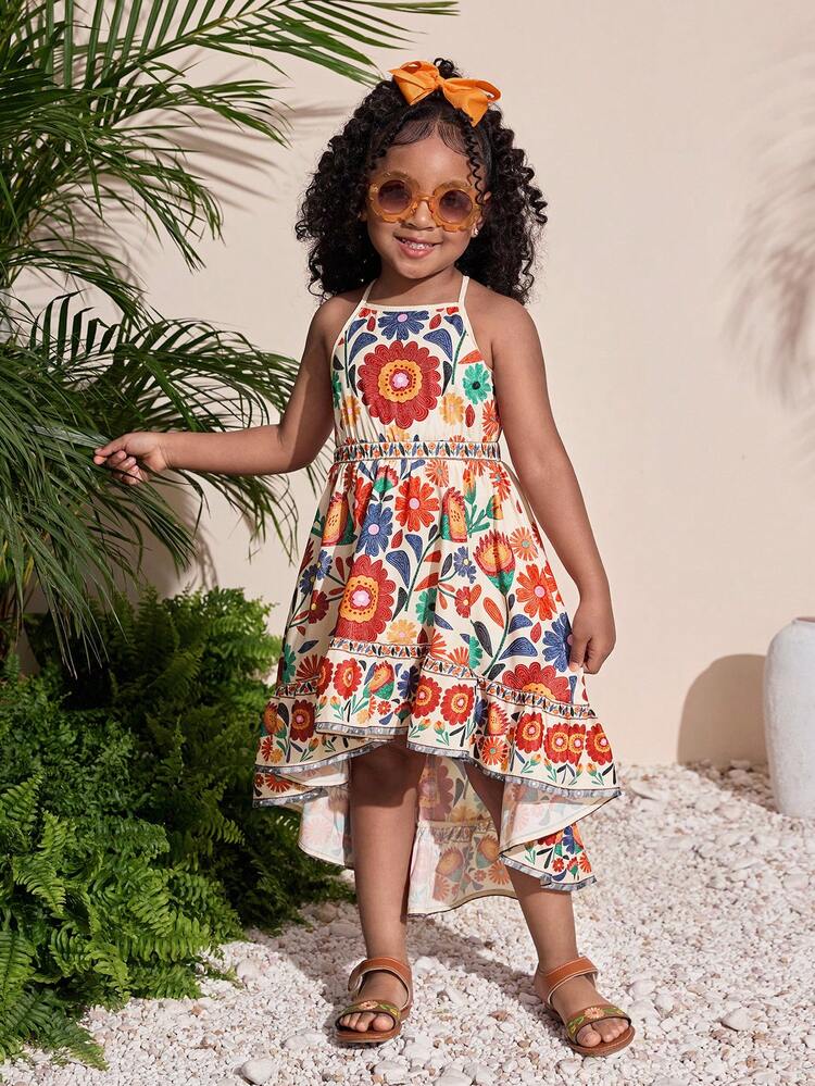 Young Girls Tropical Plant Print Backless Dress, Suitable For Vacation, Beach, Hawaii, Casual Daily Wear - Orange - View 5