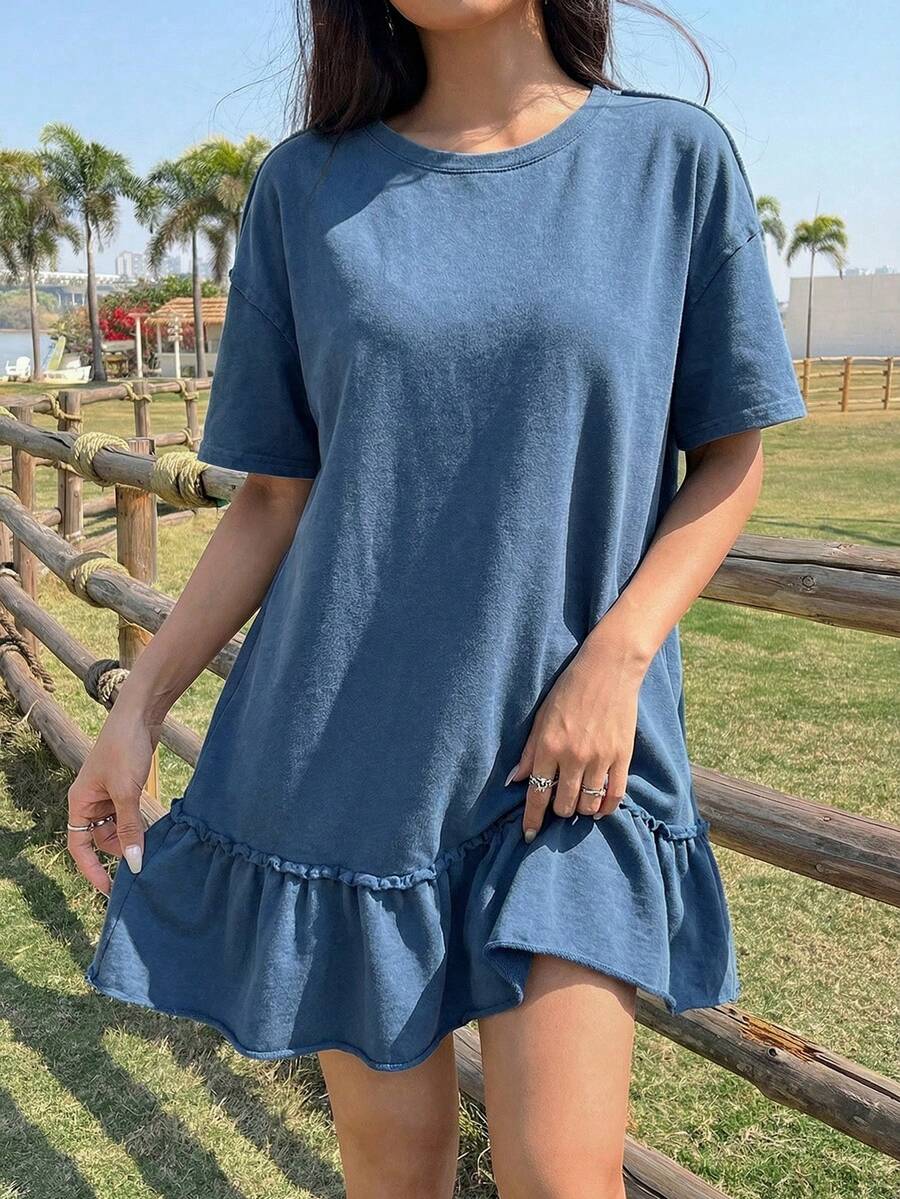 Comfortcana 复古水洗蓝色做旧针织荷叶边下摆短袖连衣裙 - 中等水洗藍 - 查看 1