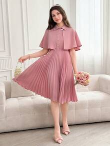 SHEIN 两件套：复古优雅披肩领纽扣上衣和褶边连衣裙，适合少女 - 粉色 - 查看 7