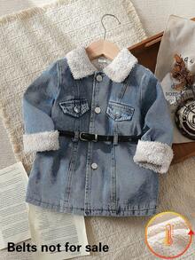 Vintaside Kids Baby Girls' Vintage Denim Style Solid Color Lapel Cardigan,Light Blue And White,Autumn,Casual,Back-To-School,Long Sleeve Open Front Jacket - Blue - View 1