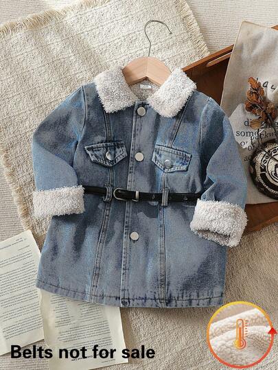 Vintaside Kids Baby Girls' Vintage Denim Style Solid Color Lapel Long Sleeve Open Front Loose Long Cardigan, Suitable For Daily Outings, Campus Wear, Hangouts With Friends, And Weekend Trips