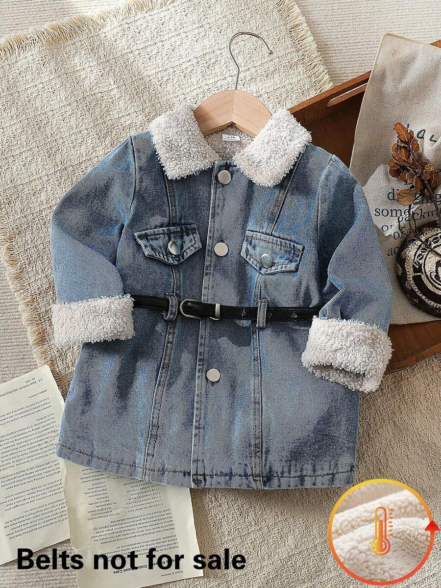 Vintaside Kids Baby Girls' Vintage Denim Style Solid Color Lapel Cardigan,Light Blue And White,Autumn,Casual,Back-To-School,Long Sleeve Open Front Jacket - Blue - View 1