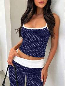 SHEIN EZwear Bộ áo hai dây và quần dài phối màu tương phản mới dành cho nữ, thích hợp cho các chuyến đi chơi mùa xuân và mùa hè, màu xanh navy chấm bi. - Nhiều màu - Xem 3