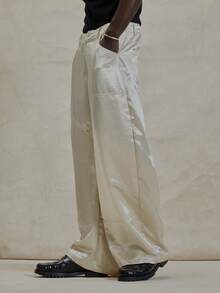 Musero Satin Style High Shine Baggy Panel Contructioned Detailing Trouser Bottom Button Fastening Pants Spring Summer Essentials - Khaki - View 3
