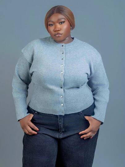 CurvyTilda Cárdigan casual de manga larga de un solo botonadura con caída de hombro de unicolor para mujeres de talla grande, otoño/invierno