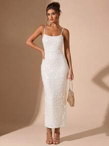 SHEIN BAE 女士亮片吊带露背系带性感优雅鸡尾酒会礼服，适合夜店、派对、正式场合、圣诞节等场合。 - 杏色 - 查看 7