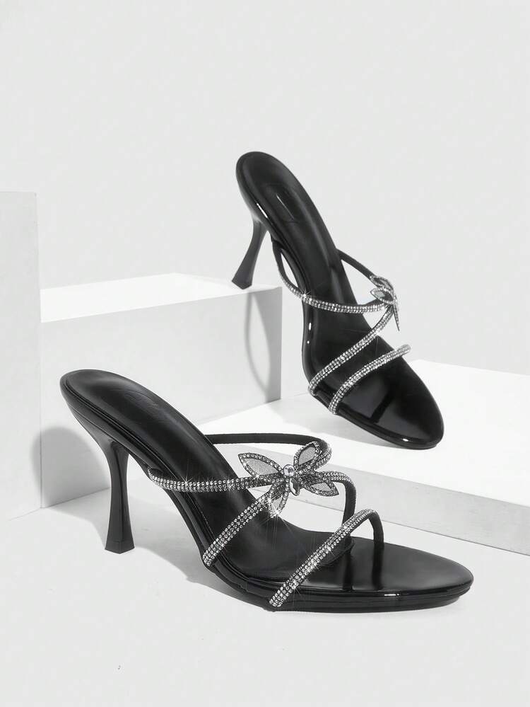 CUCCOO SZL Women's Rhinestone 3D Butterfly Decor Fashion Daily Wear High Heel Slide Sandals Prom Heels