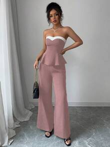 Elenzga 女士优雅两件套：荷叶边抹胸上衣和阔腿裤 - 藕粉色 - 查看 3