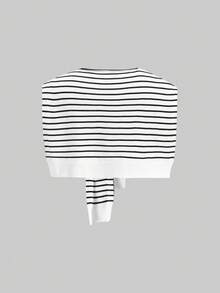 Ellevyn 优雅女士圆领收腰A字中长连衣裙，配条纹披肩两件套，适合通勤、约会、外出、度假、婚礼宾客、晚礼服等场合。 - 黑與白 - 查看 8