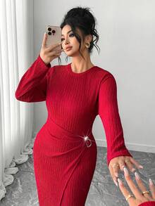 Elenzga Plus Size Women Elegant Red Modest Satin Party Dress,Autumn Long Sleeve Minimalist Ribbed Textured Fabric Metal Ring Decor Fitted Commute Daily Gown - Burgundy - View 4