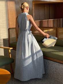 DAZY Đầm không tay cổ yếm, màu trơn, dáng rộng, thắt eo, kiểu dáng thường ngày, thích hợp mặc đi nghỉ dưỡng cho nữ, kiểu đầm mùa xuân/hè. - Xám - Xem 2