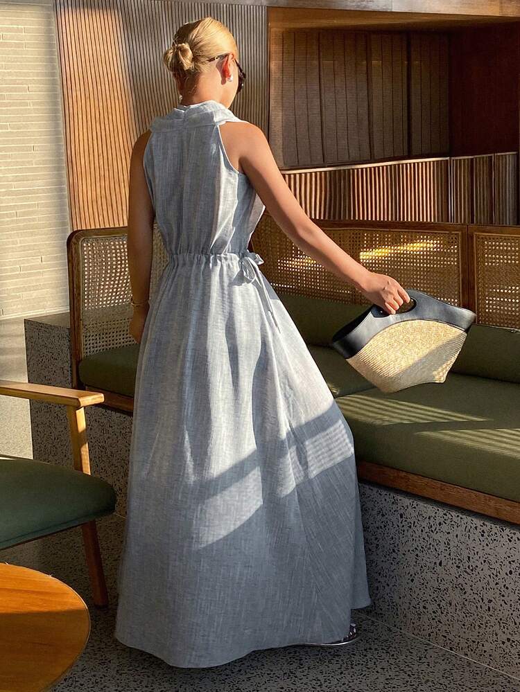 Solid Color Loose Cinched Waist Halter Sleeveless Dress, Casual Resort Wear For Women, Spring/Summer Sundress