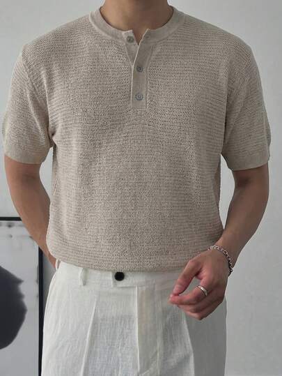 DAZY Top tricoté à col rond, manches 3/4, couleur unie kaki, pour l'été, pour hommes