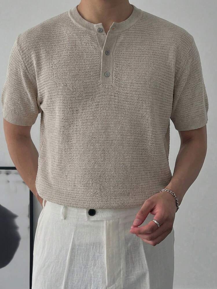 Men's Solid Color Khaki 3/4 Sleeve Crew Neck Knit Top, Summer