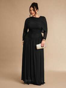 SHEIN BAE Vestido assimétrico de malha de tule marrom café de manga comprida para mulheres plus size - Preto - Ver 3