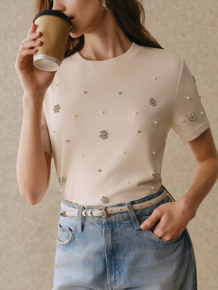 Women's Apricot Elegant Loose Beaded Round Neck Short Sleeve T-Shirt, Spring/Summer Rhinestone Tops Embellished Top