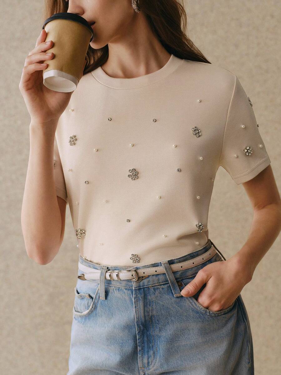 Anewsta Women's Apricot Elegant Loose Beaded Round Neck Short Sleeve T-Shirt, Spring/Summer Rhinestone Tops Embellished Top - Apricot - View 1