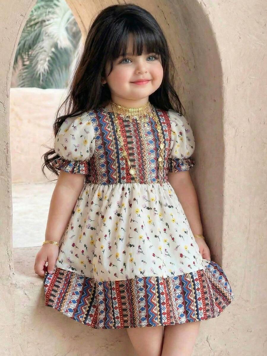 SHEIN Babygirl Cute Geometric Print Short Sleeve Dress, Summer - Multicolor - View 1