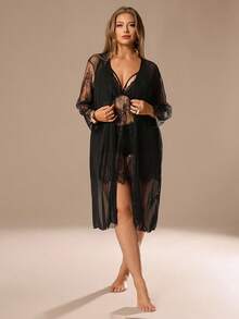 Auralis Plus Size Màu Trơn Phối Ren Gợi Cảm Váy Trơn Trượt Trong Suốt Và Bộ Đồ Ngủ Dài Tay - màu đen - Xem 3