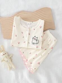 2 pezzi/set Pigiama per bambine con cardigan a maniche corte e pantaloncini con motivo floreale, morbido e confortevole - Multicolore - Visualizzare 4