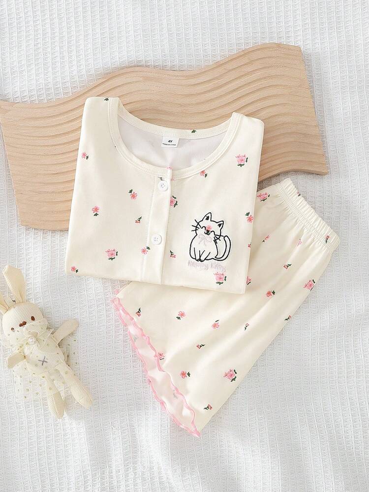 Set de 2 piezas de pijama para niñas pequeñas con top de manga corta y shorts con estampado floral ditsy suave y cómodo - Multicolor - Añade 4