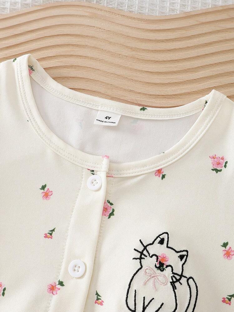 Set de 2 piezas de pijama para niñas pequeñas con top de manga corta y shorts con estampado floral ditsy suave y cómodo - Multicolor - Añade 5