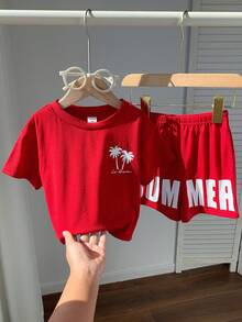 SHEIN 2pcs/Set Baby Boy Summer Casual Vacation Knit Red Printed Pattern Loose T-Shirt And Red Shorts Set - Multicolor - View 4