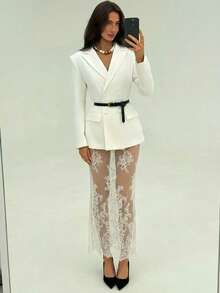 Aloruh Áo blazer trắng thanh lịch dành cho công sở, kết hợp với chân váy ren xuyên thấu. - trắng - Xem 2