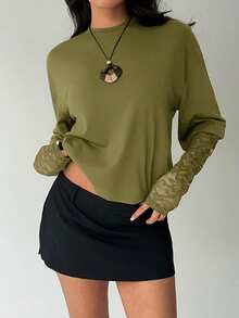 Aloruh Kaos Wanita Kasual Warna Polos Kerah Bulat Pas Badan, Kaos Patchwork Renda Manis - Hijau Tentara - View 4