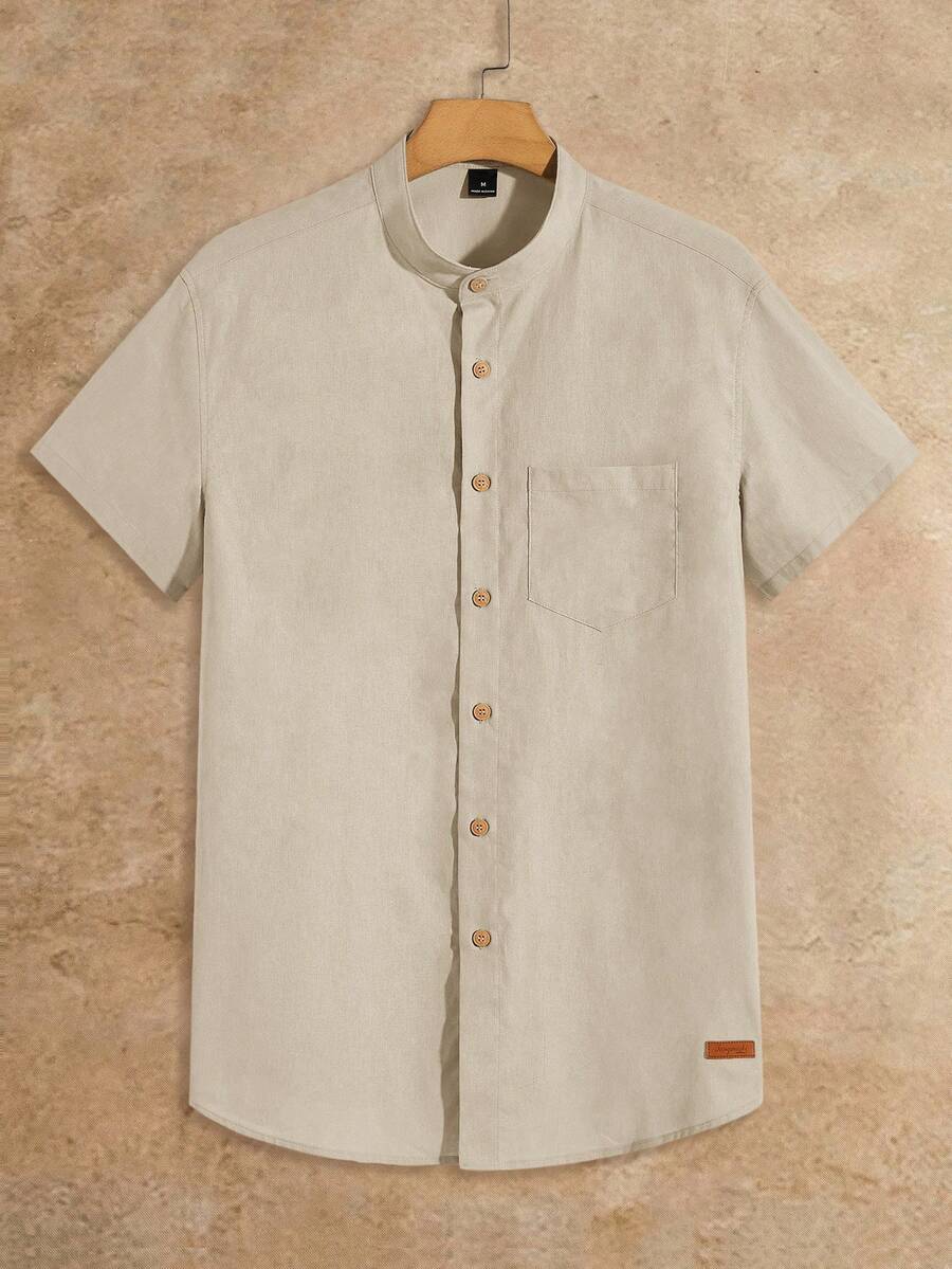 HIMLAND 简约素雅短袖衬衫，夏季时尚杏色男士衬衫，男士短袖纽扣亚麻男装，棕褐色纽扣衬衫，米色纽扣男装 - 卡其色 - 查看 1