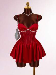 Amplova Sexy Party Women's Contrast Lace Ruffle Hem Spaghetti Strap Mini Dress - Burgundy - View 6