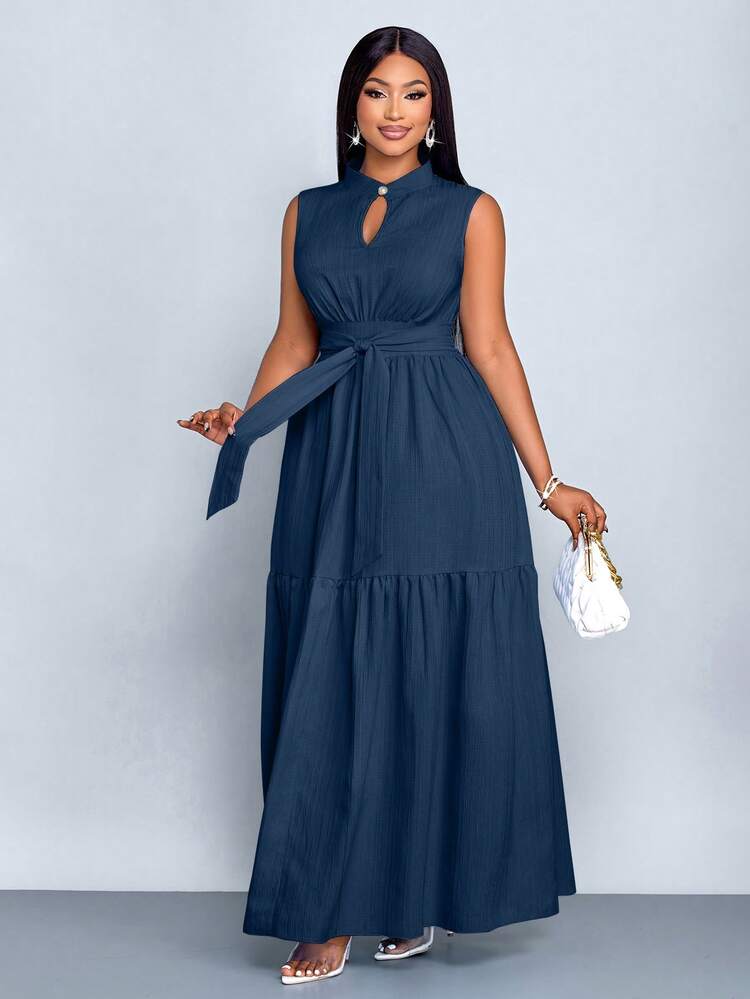 SOLERSUN Plus Size Blue Color Stand Collar Front Cut Out Sleeveless Cinched Waist Tie Knot Dress Women Elegant Casual Fashion Commuter,Going Out Dress,Summer New Women's Clothing - Navy Blue - View 5